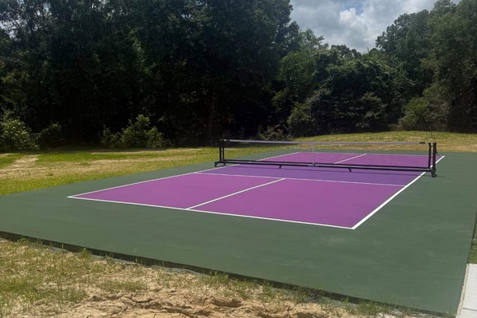Outdoor pickleball court with purple play area and green surround coating beside a tree line